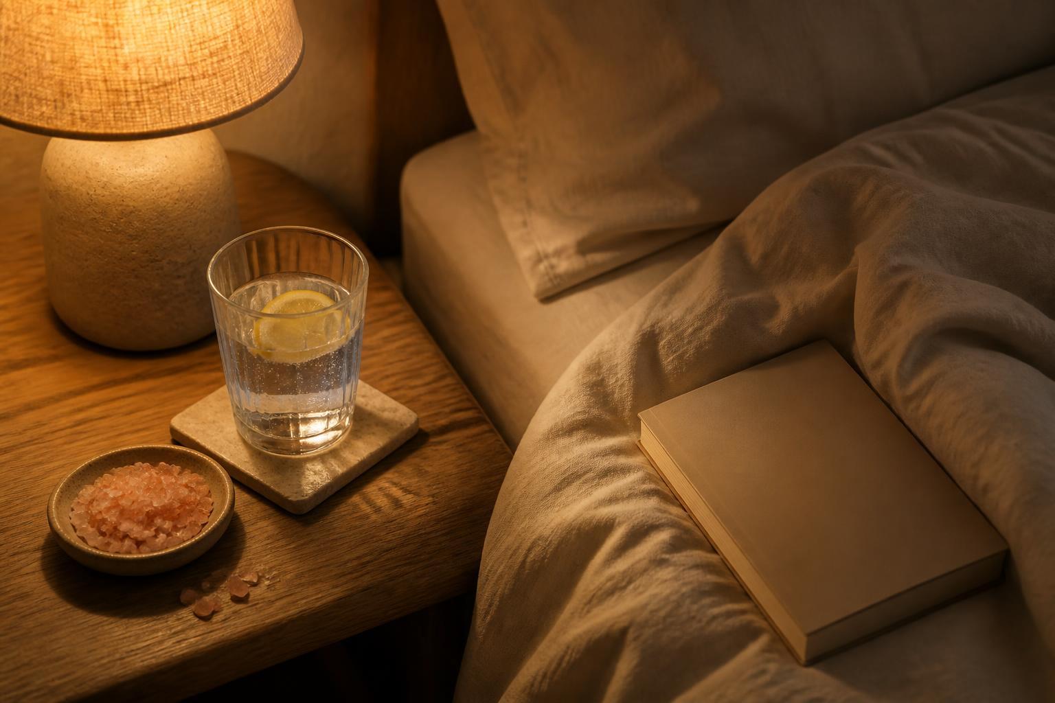 A warm bedside scene at night: lamp glowing, glass of water with lemon, dish of pink salt